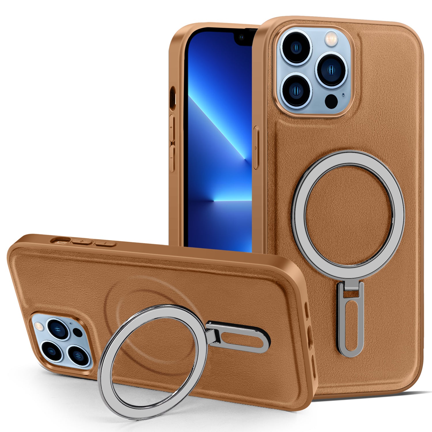 Magnetic Cover for iPhone 13 Pro Max 6.7 inch PU Leather Coated PC+TPU Phone Case with Kickstand - Brown Magnetic Cover for iPhone 13 Pro Max 6.7 inch PU Leather Coated PC+TPU Phone Case with Kickstand - Brown